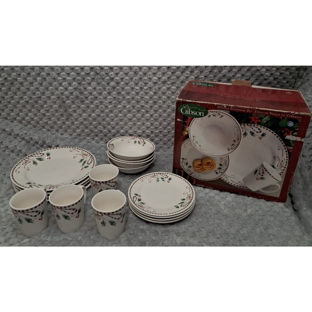 Gibson Everyday Christmas Holly Dinner Set Svc for 4 Plates Bowls Cups Saucers